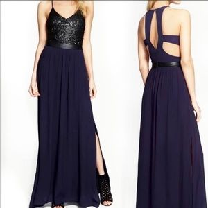 Astr Silk Blue Black Sequins Sleeveless High Waist Fit & Flare Maxi Dress Large